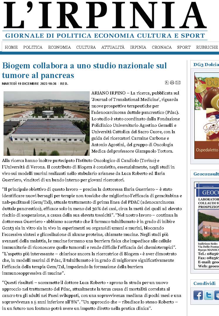Biogem collabora a uno studio nazionale sul tumore al pancreas